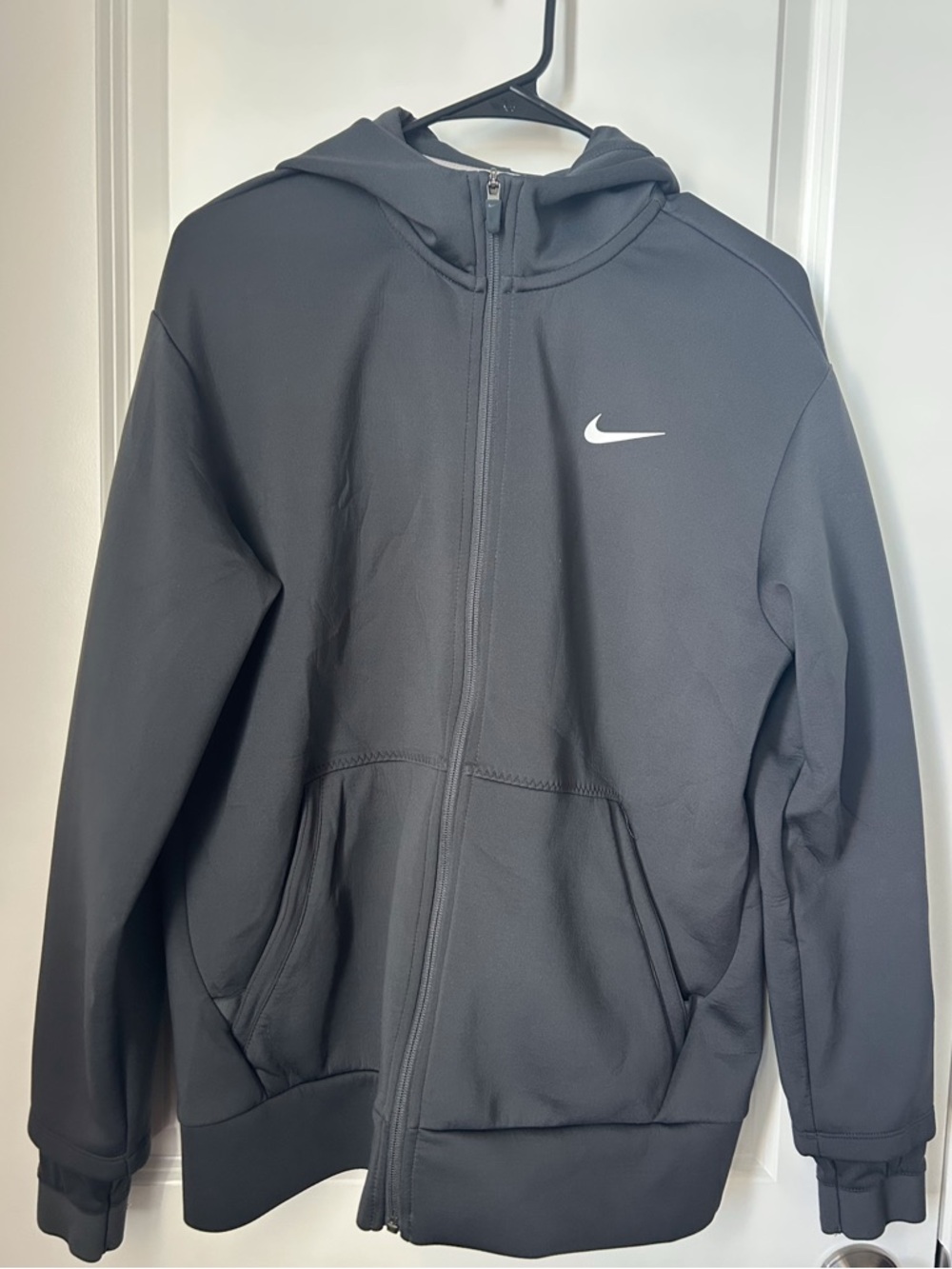 Nike Charcoal Grey training Hoodie with White Swoosh Full Zip Medium Dri Fit